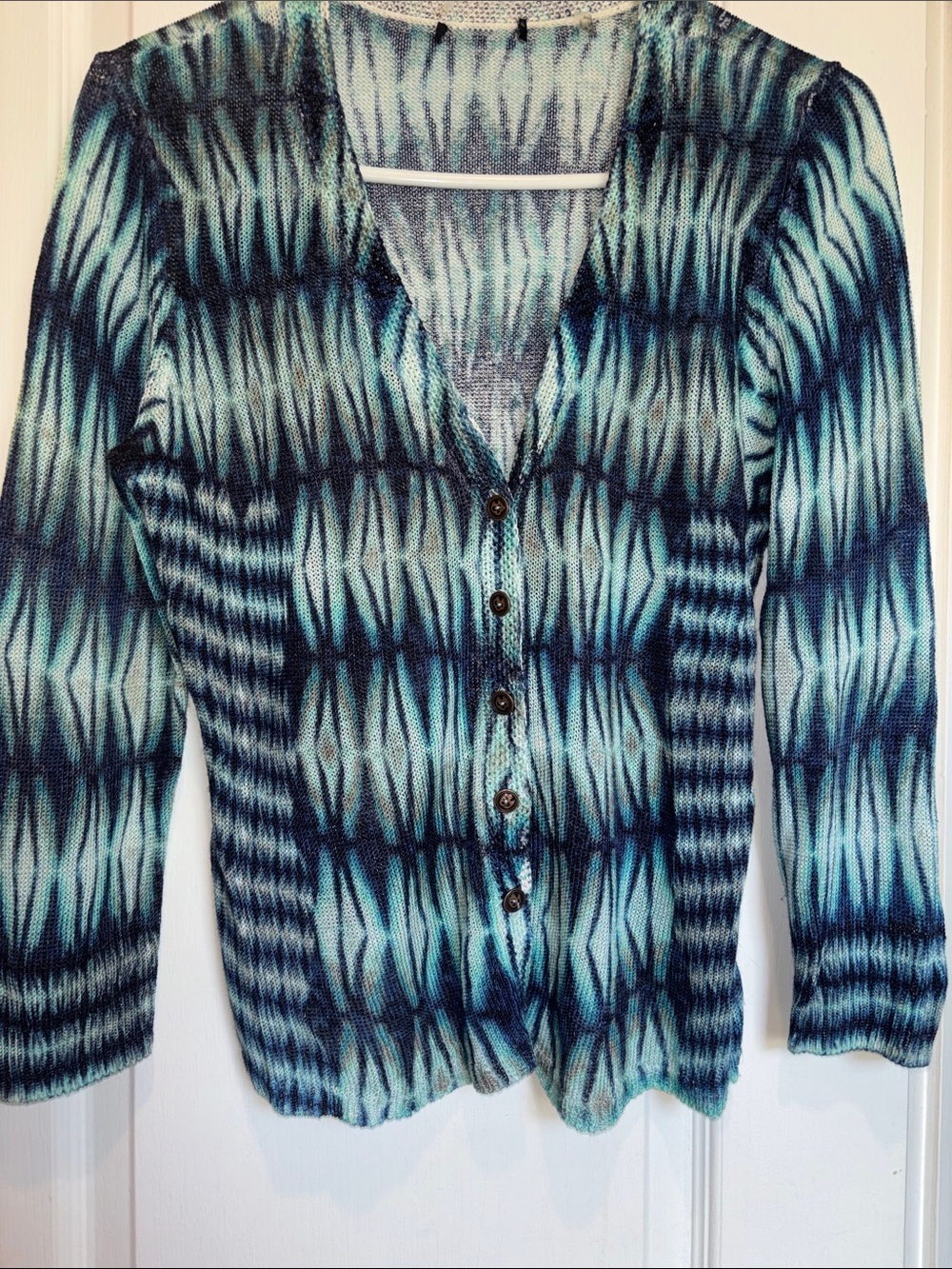 BLUE/GREEN V NECK BUTTON DOWN SWEATER LINEN & VISCOSE NO SIZE TAGS LONG SLEEVES
